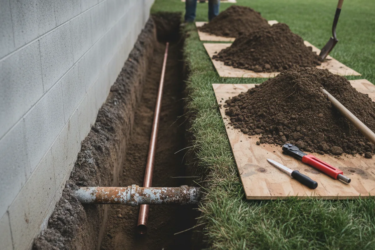 Excavated water line trench during Water Heater Repair in Townsend
